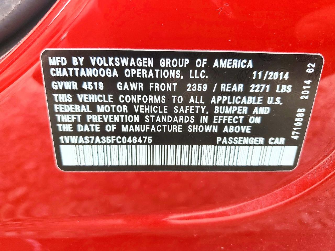 2015 Volkswagen Passat S Burgundy vin: 1VWAS7A35FC046475