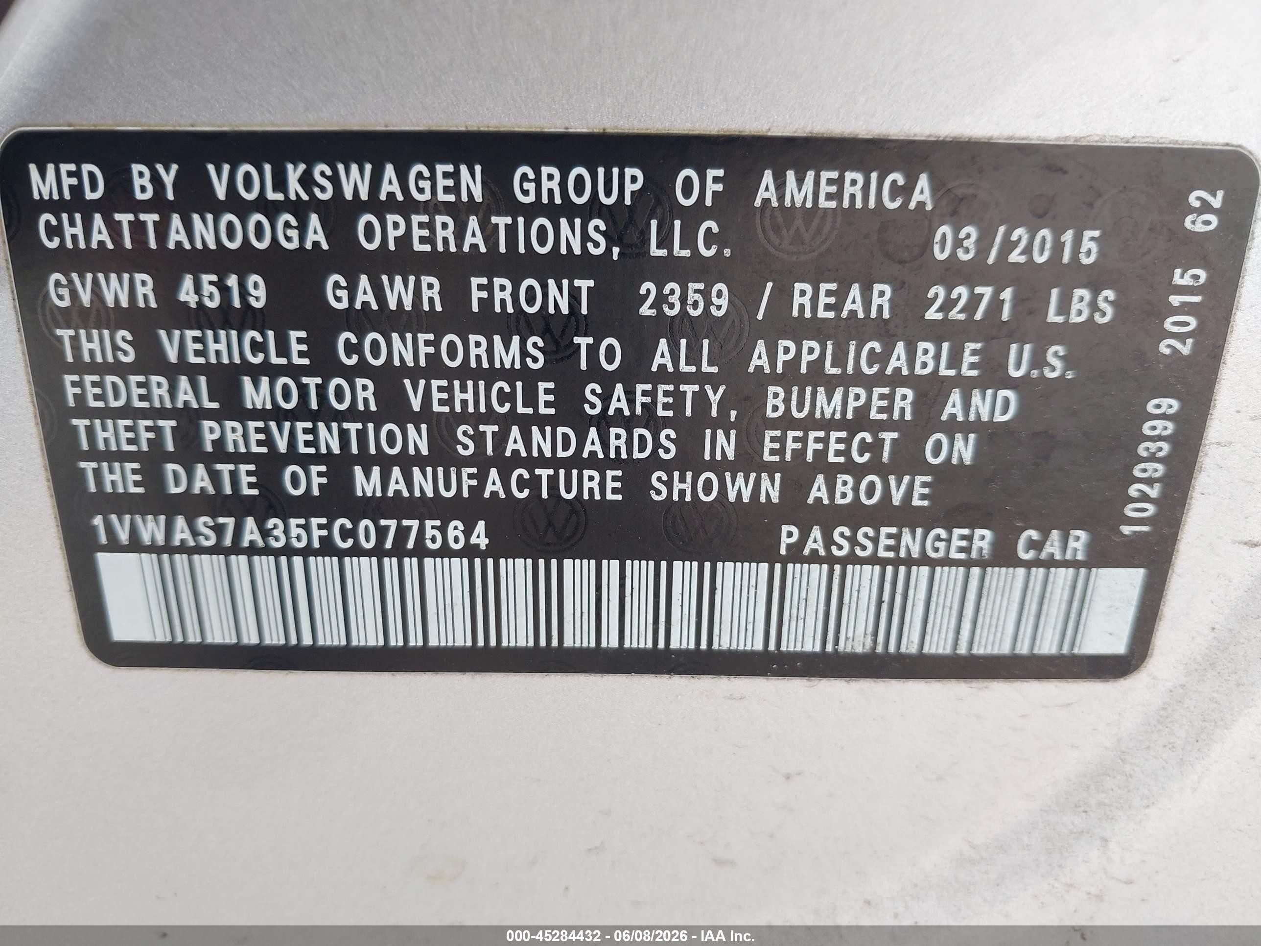 2015 Volkswagen Passat 1.8t Limited Edition Silver vin: 1VWAS7A35FC077564