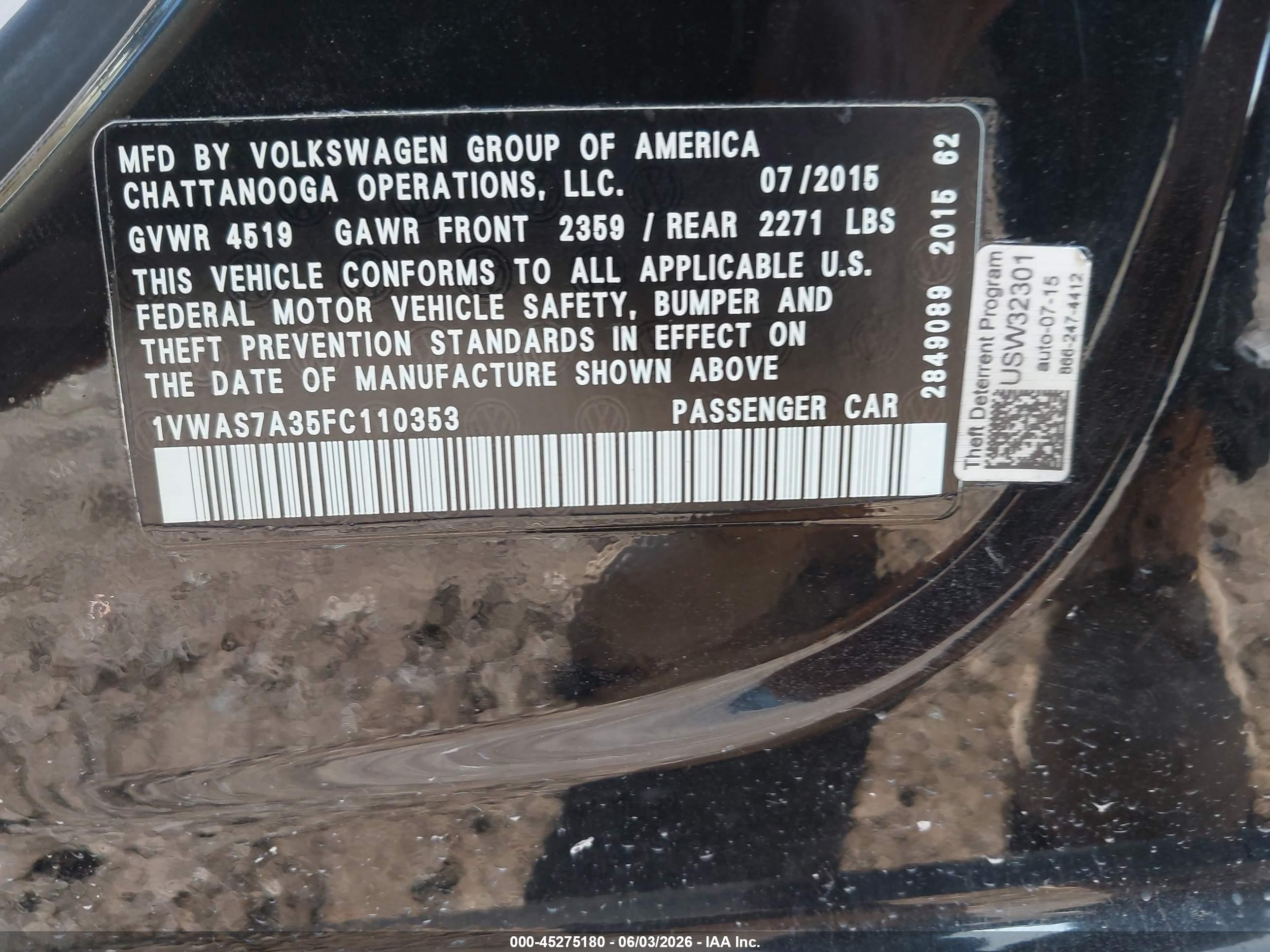 2015 Volkswagen Passat 1.8t Limited Edition Black vin: 1VWAS7A35FC110353