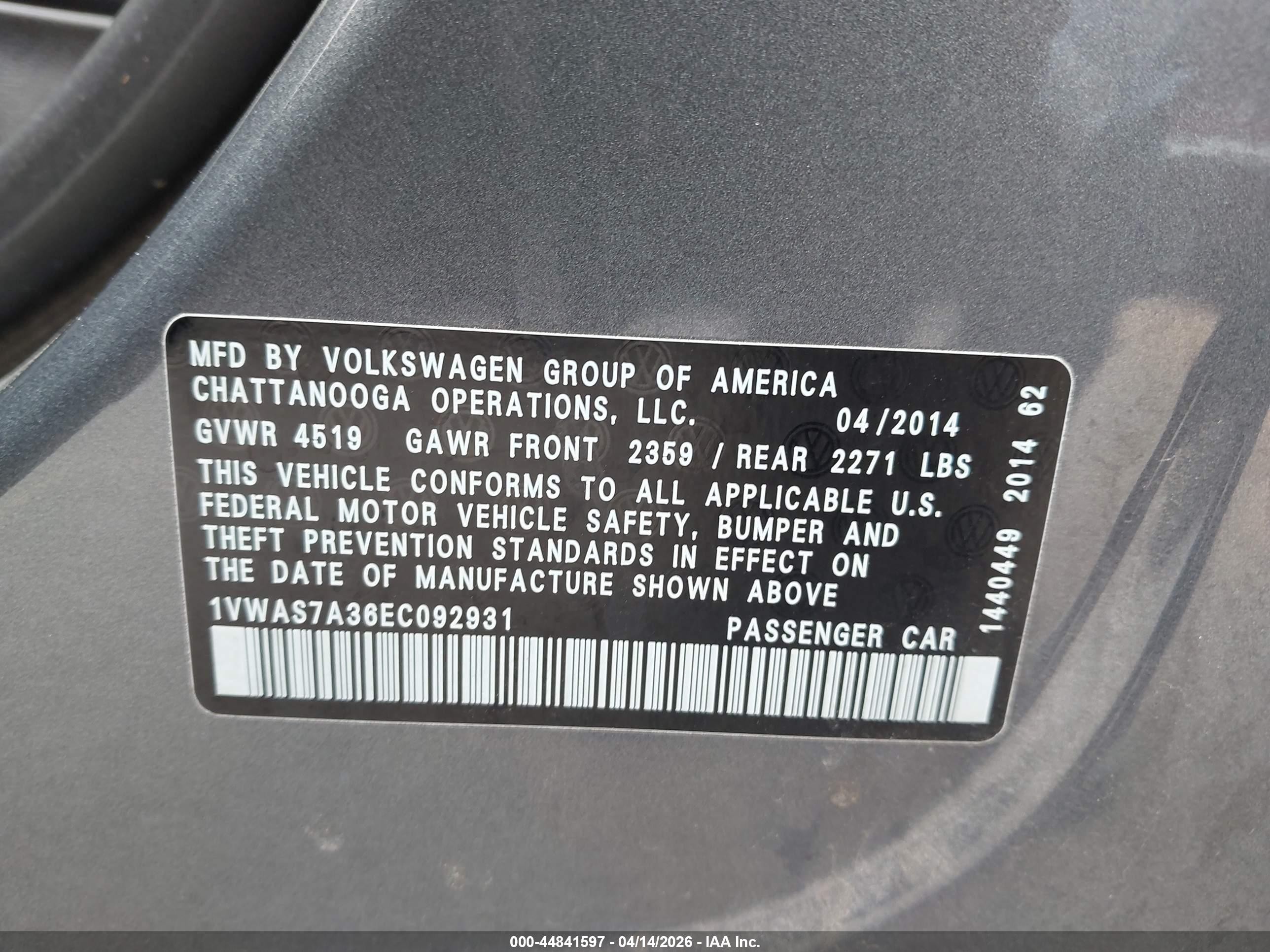 2014 Volkswagen Passat 1.8t Wolfsburg Edition Gray vin: 1VWAS7A36EC092931