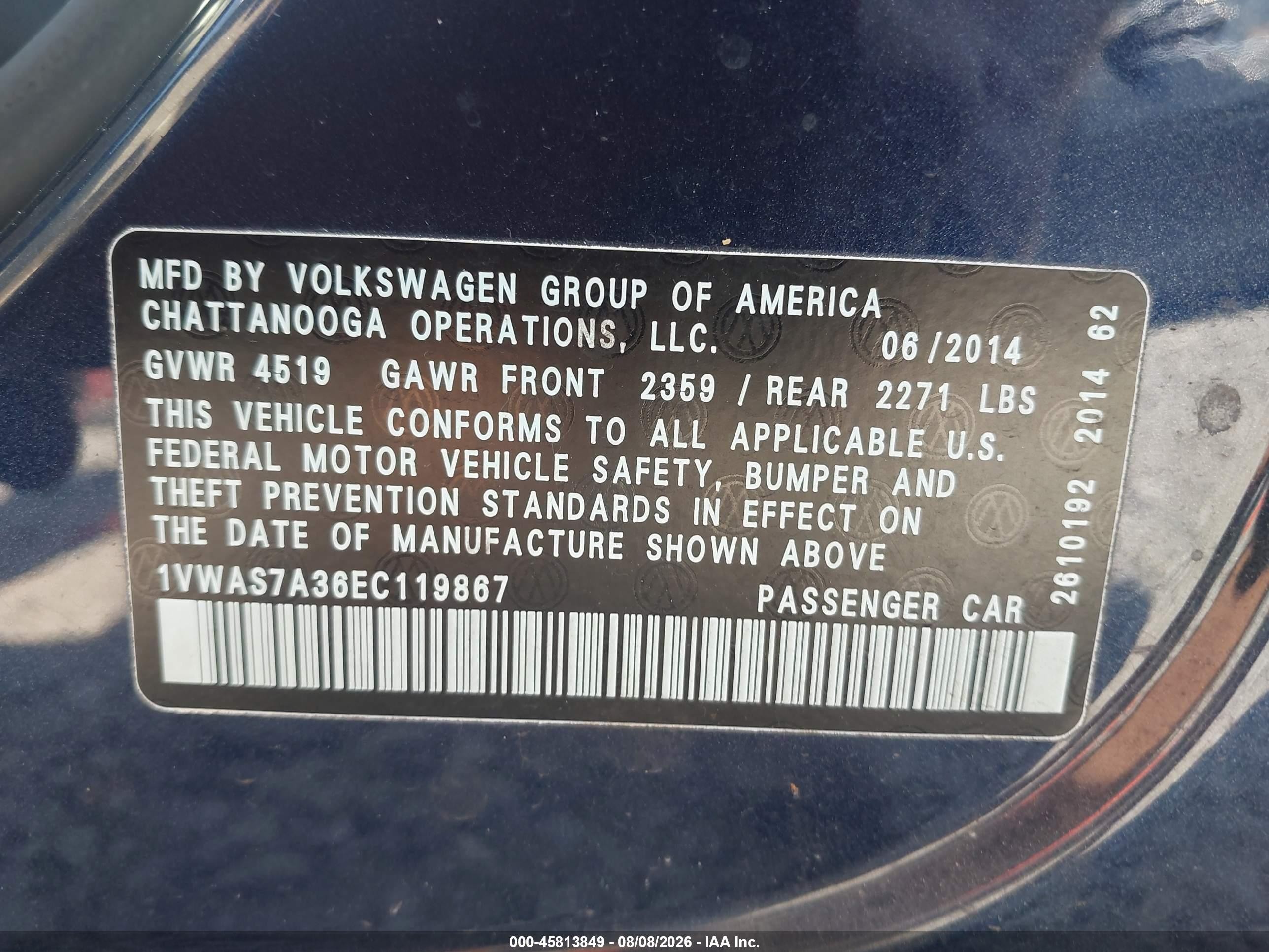 2014 Volkswagen Passat 1.8t Wolfsburg Edition Blue vin: 1VWAS7A36EC119867