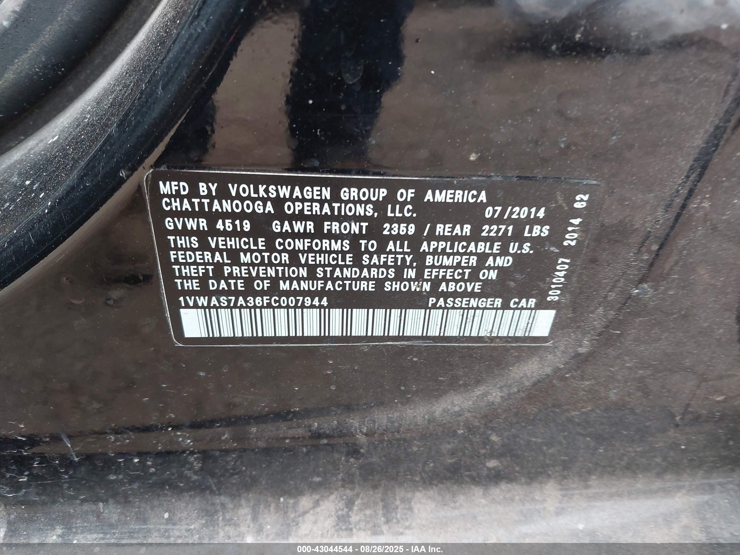 2015 Volkswagen Passat 1.8t S Черный vin: 1VWAS7A36FC007944