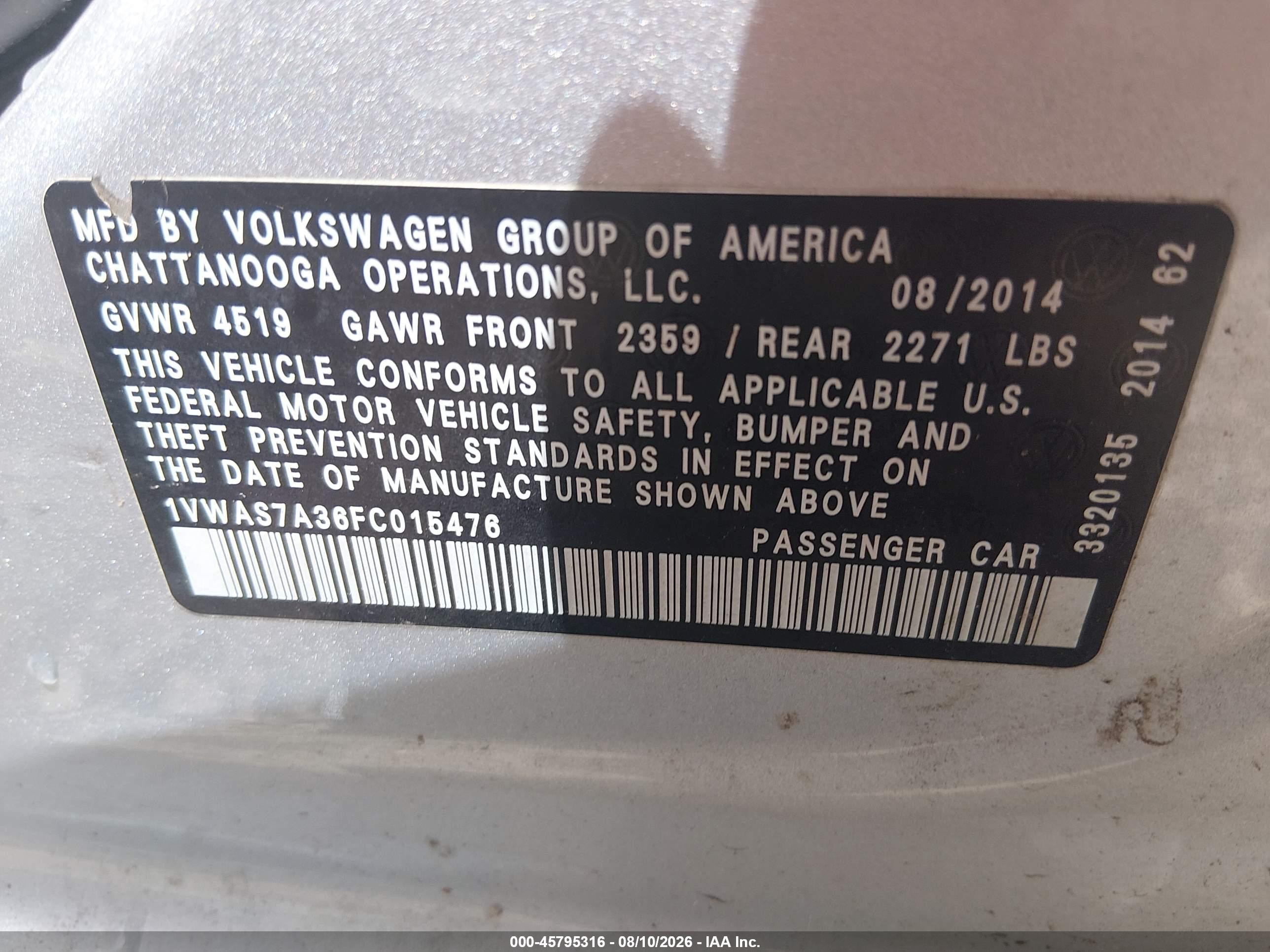 2015 Volkswagen Passat 1.8t Wolfsburg Edition Silver vin: 1VWAS7A36FC015476