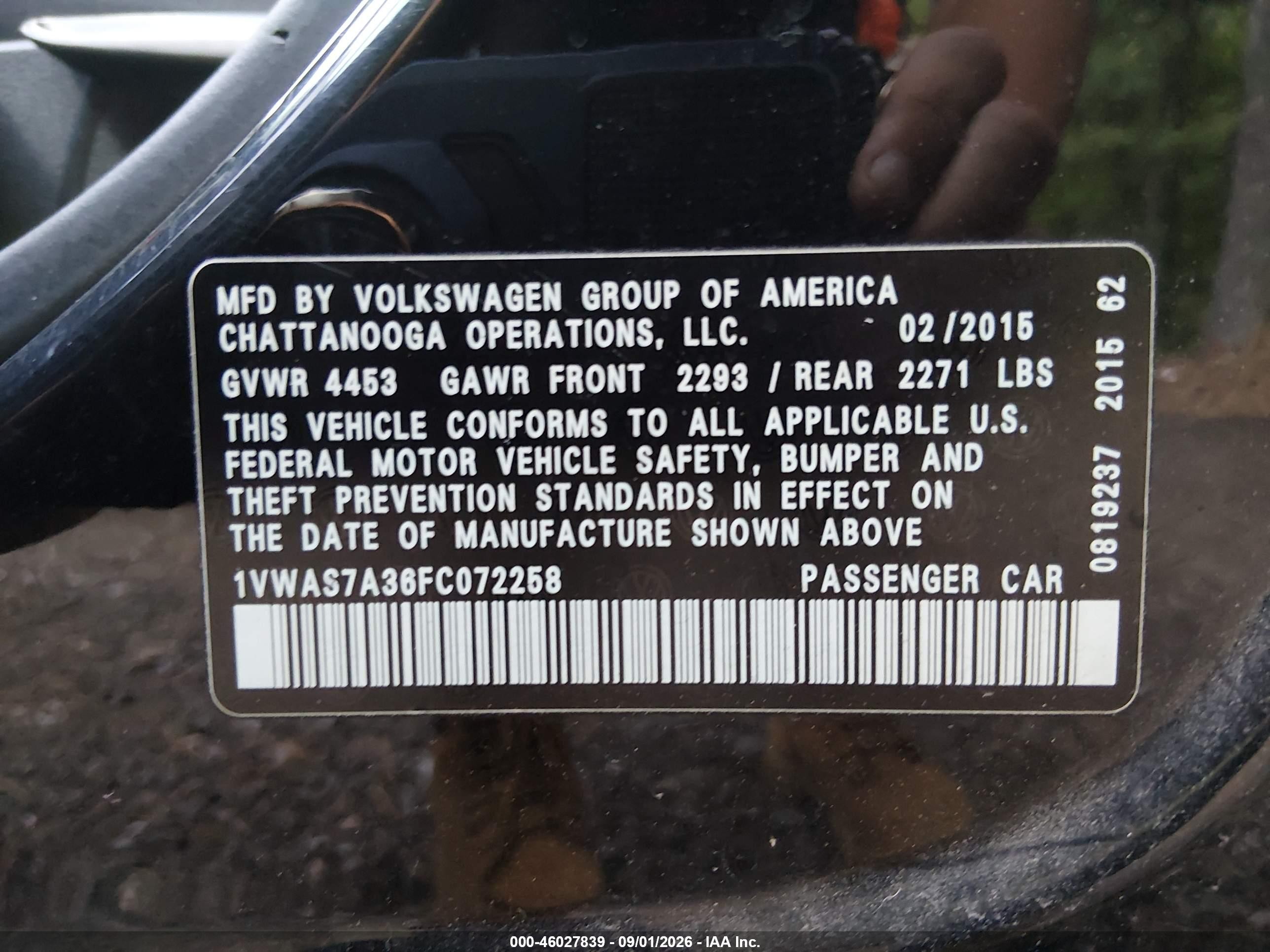 2015 Volkswagen Passat 1.8t S Black vin: 1VWAS7A36FC072258