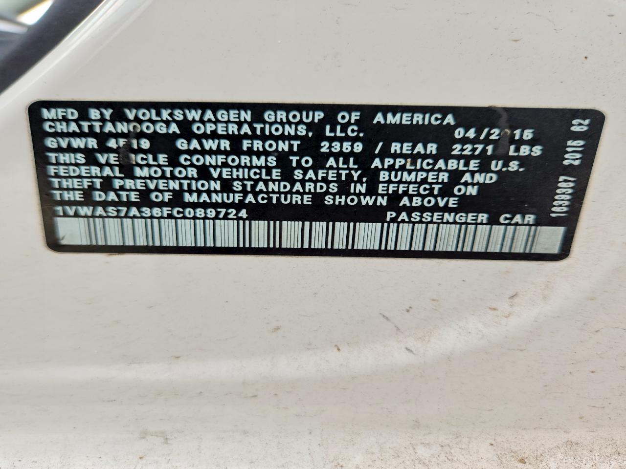 2015 Volkswagen Passat S Белый vin: 1VWAS7A36FC089724