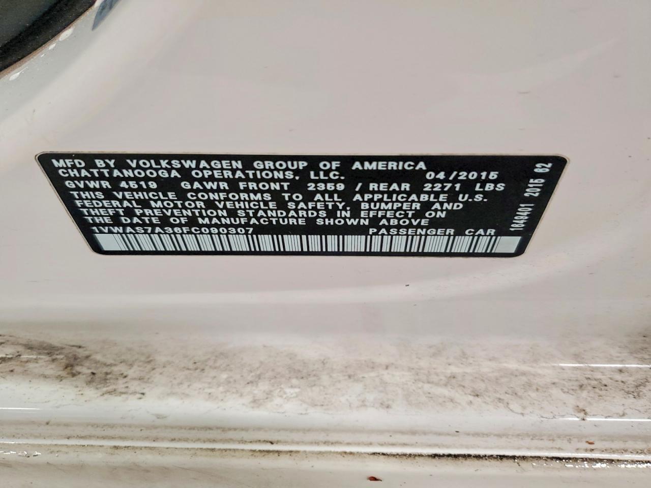 2015 Volkswagen Passat S White vin: 1VWAS7A36FC090307