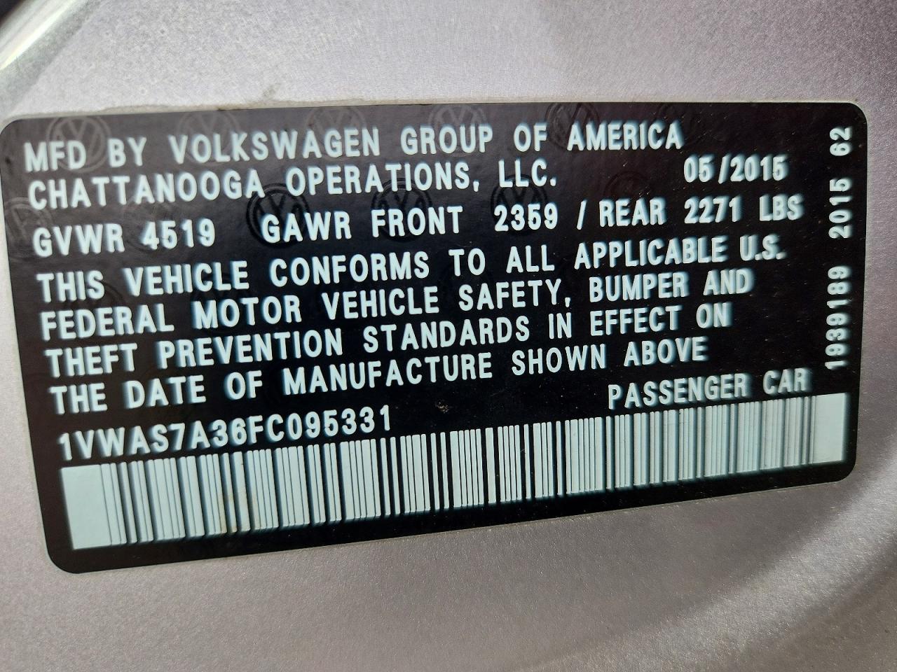 2015 Volkswagen Passat S Silver vin: 1VWAS7A36FC095331