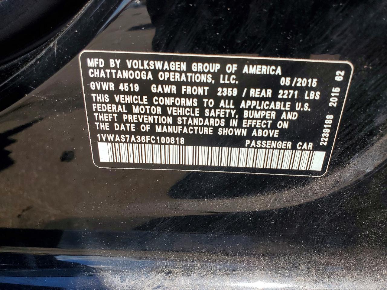 2015 Volkswagen Passat S Black vin: 1VWAS7A36FC100818