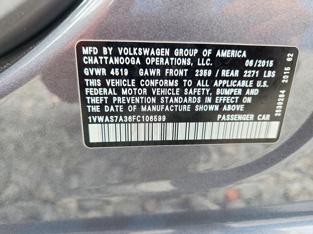 2015 Volkswagen Passat S Gray vin: 1VWAS7A36FC106599
