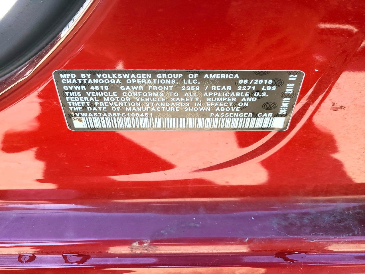 2015 Volkswagen Passat S Red vin: 1VWAS7A36FC108451