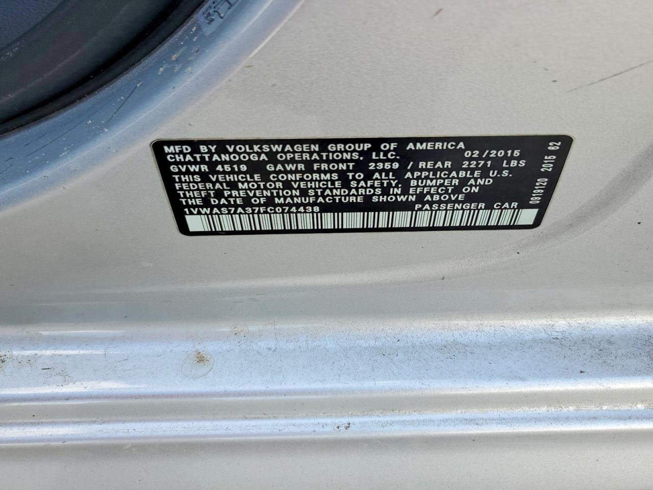 2015 Volkswagen Passat S Silver vin: 1VWAS7A37FC074438