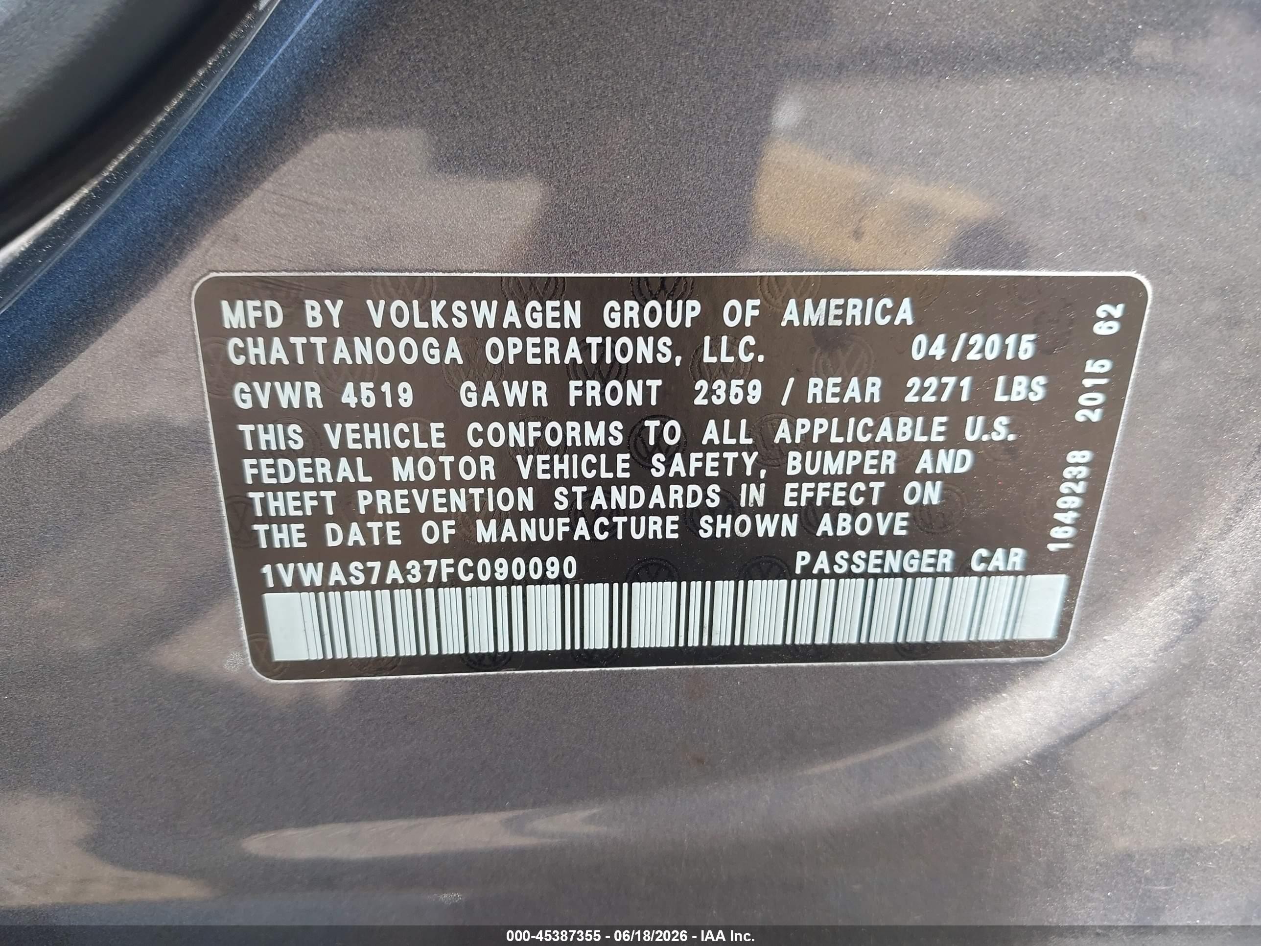 2015 Volkswagen Passat 1.8t Limited Edition Gray vin: 1VWAS7A37FC090090