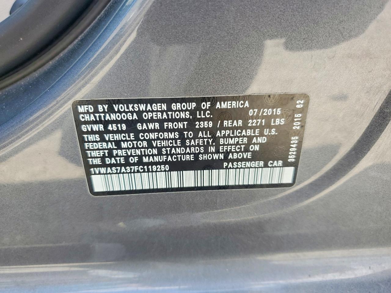 2015 Volkswagen Passat S Gray vin: 1VWAS7A37FC119250