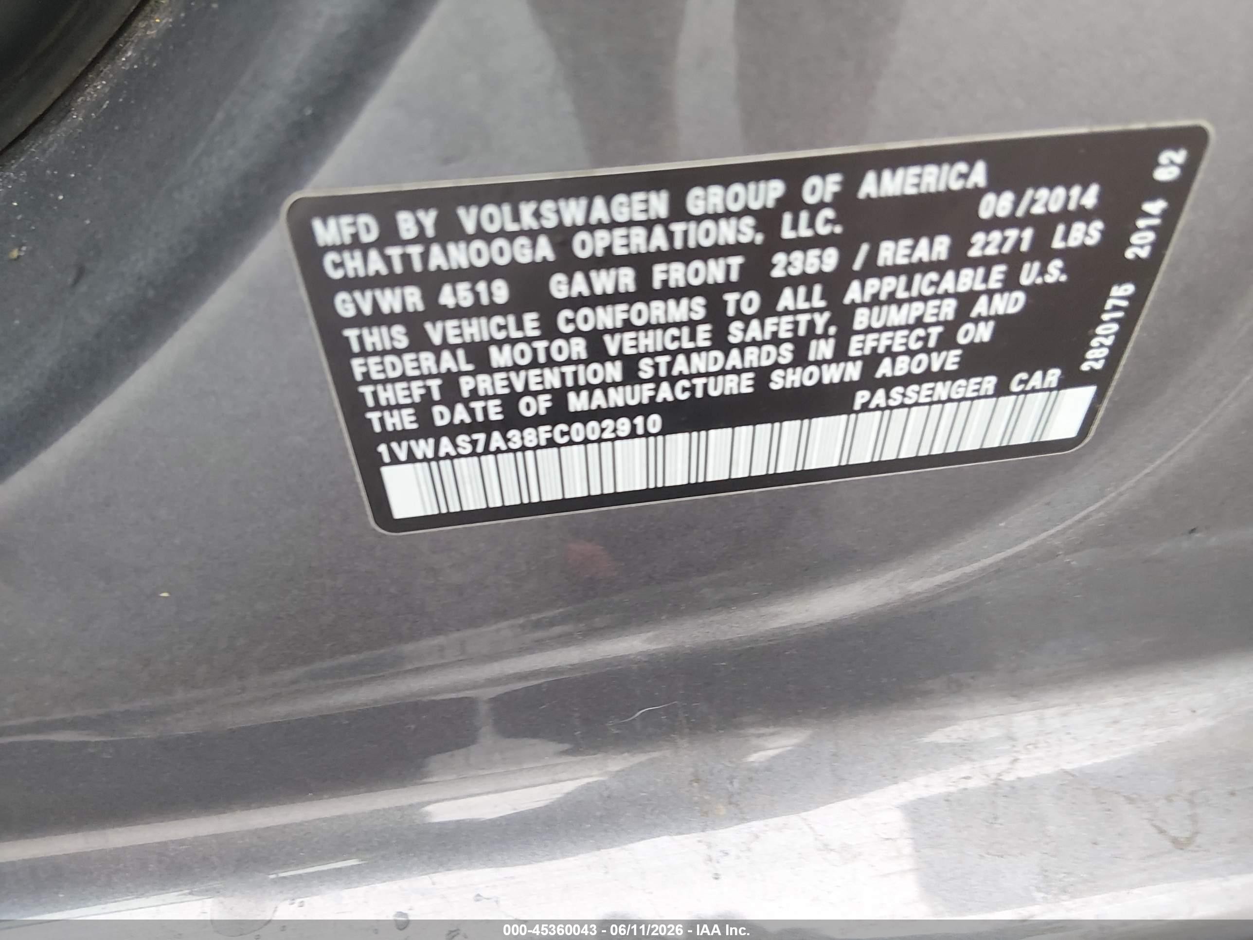 2015 Volkswagen Passat 1.8t Wolfsburg Edition Gray vin: 1VWAS7A38FC002910