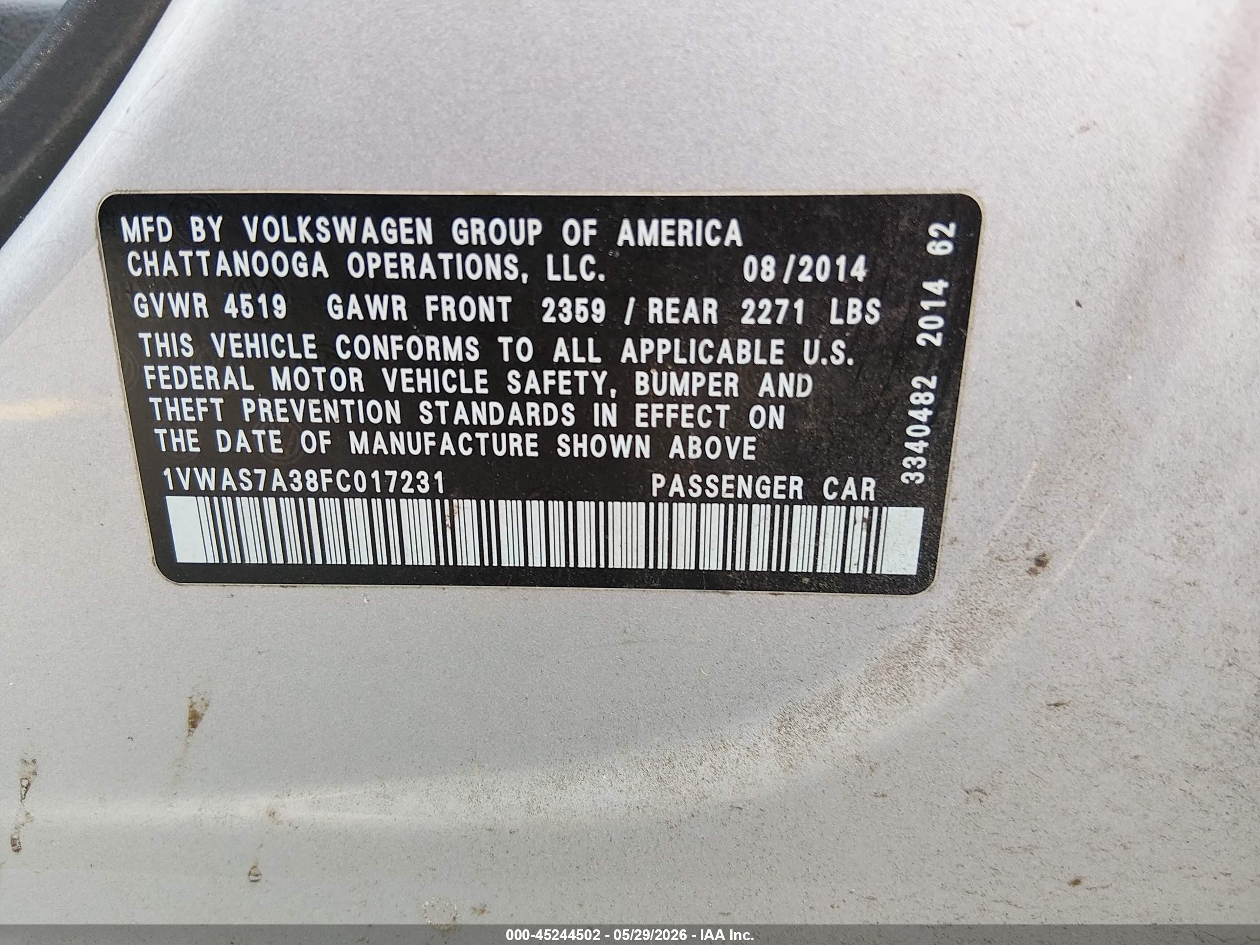 2015 Volkswagen Passat 1.8t S Silver vin: 1VWAS7A38FC017231