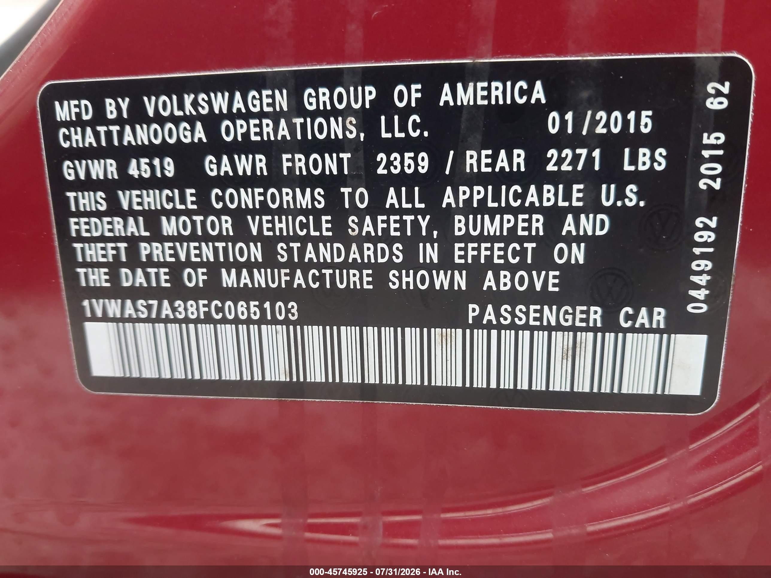 2015 Volkswagen Passat 1.8t Wolfsburg Edition Maroon vin: 1VWAS7A38FC065103