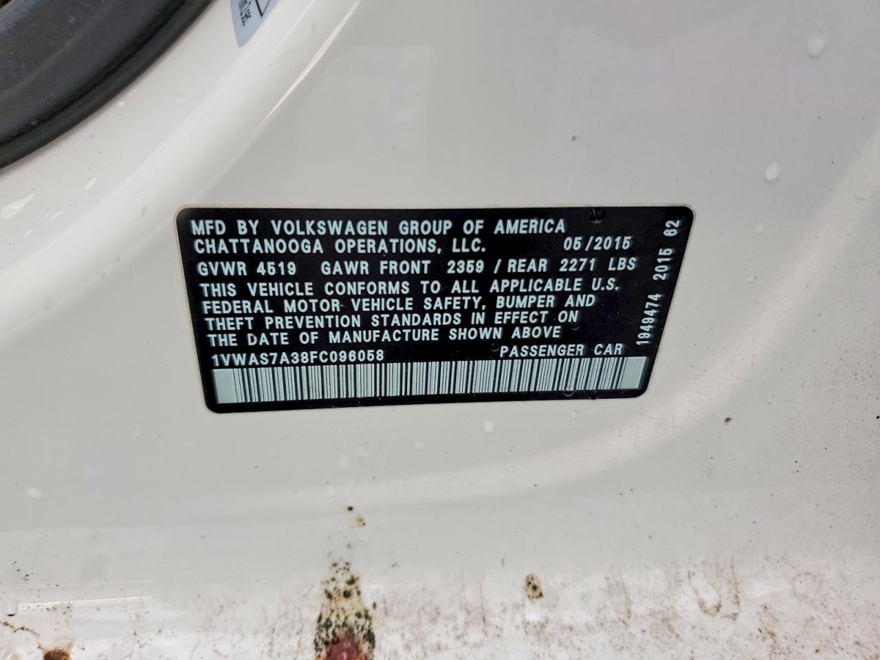 2015 Volkswagen Passat S White vin: 1VWAS7A38FC096058