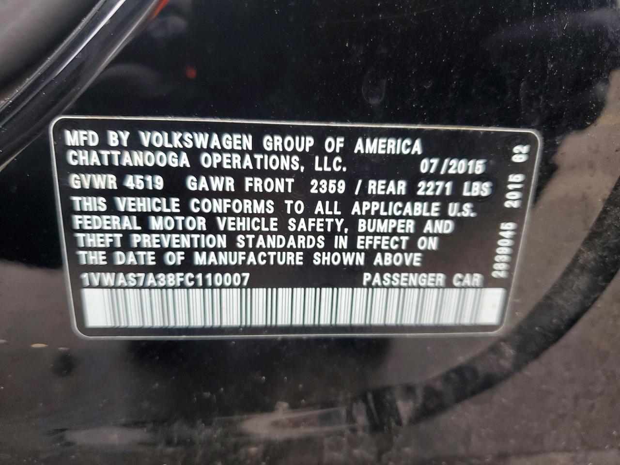 2015 Volkswagen Passat S Black vin: 1VWAS7A38FC110007