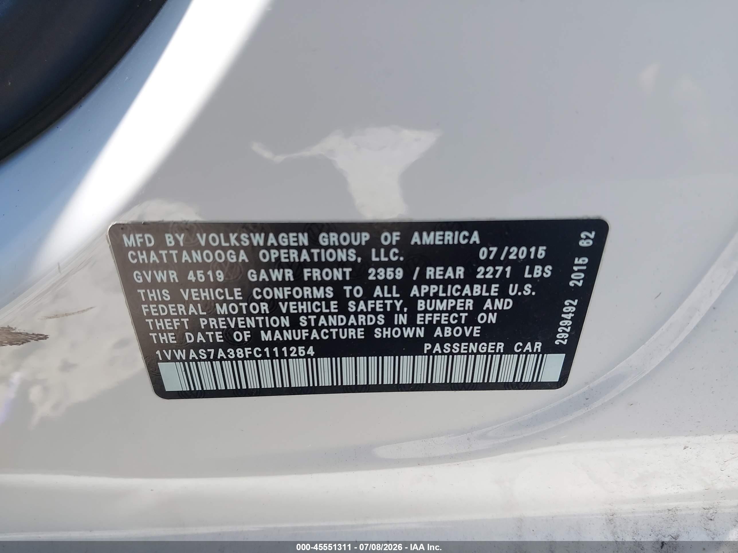 2015 Volkswagen Passat 1.8t Limited Edition White vin: 1VWAS7A38FC111254