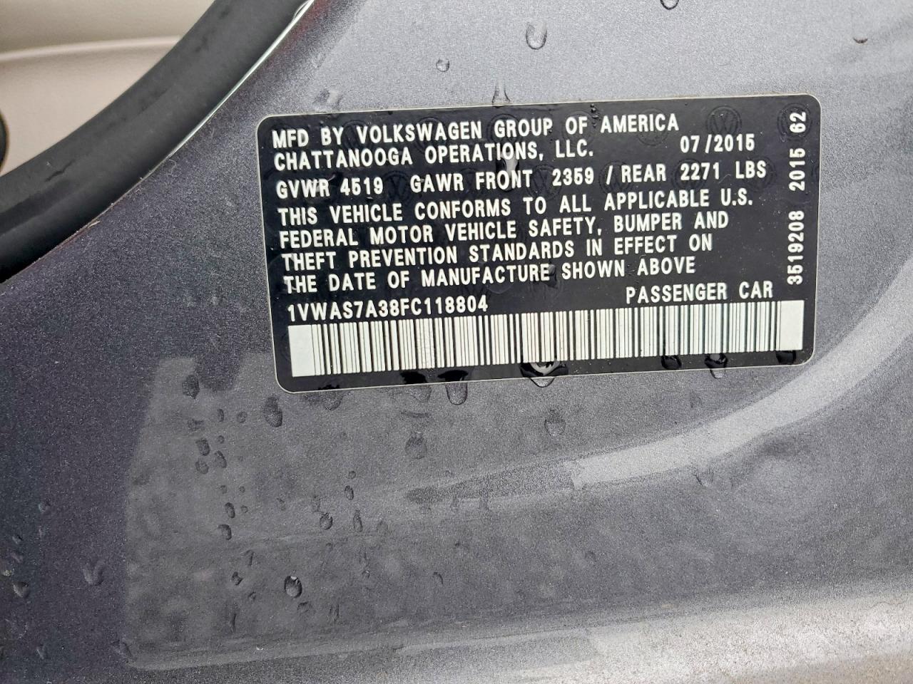 2015 Volkswagen Passat S Gray vin: 1VWAS7A38FC118804