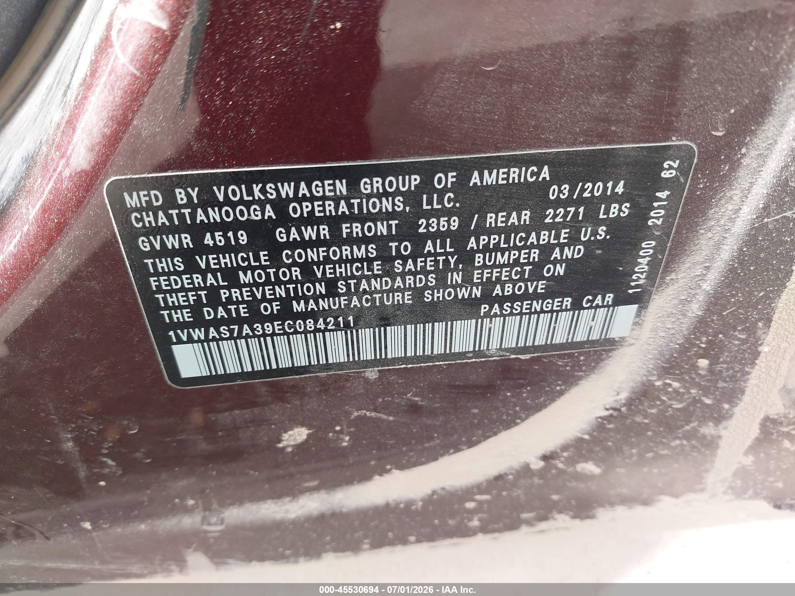 2014 Volkswagen Passat 1.8t S Темно-бордовый vin: 1VWAS7A39EC084211
