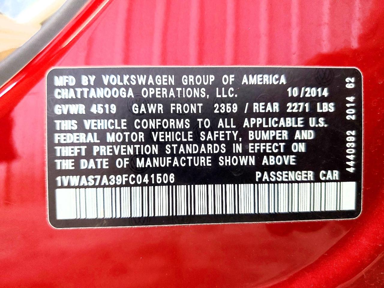 2015 Volkswagen Passat S Red vin: 1VWAS7A39FC041506