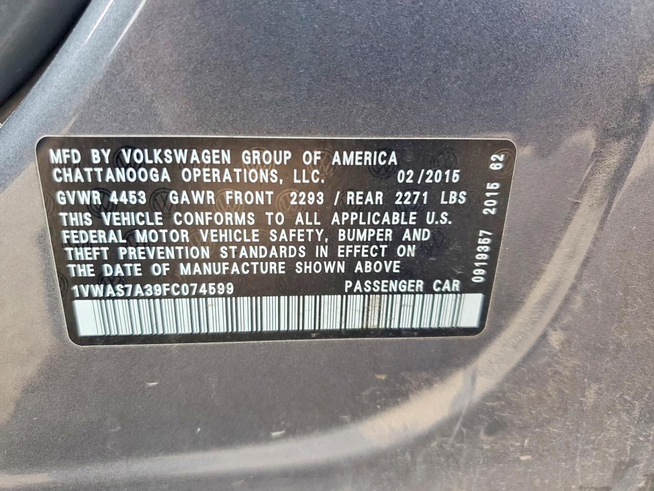 2015 Volkswagen Passat S Gray vin: 1VWAS7A39FC074599