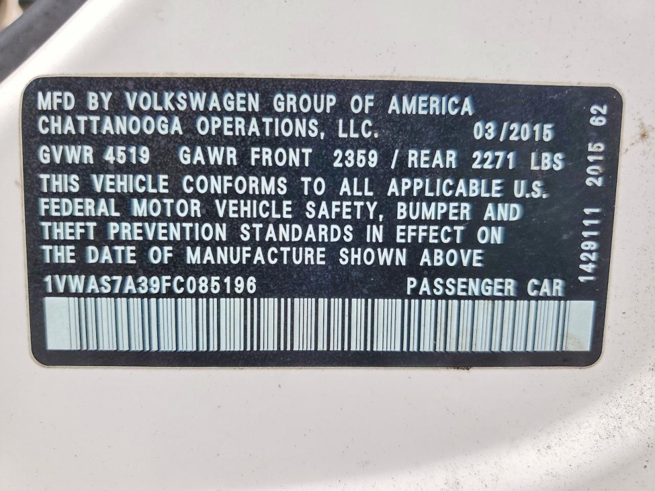 2015 Volkswagen Passat S White vin: 1VWAS7A39FC085196