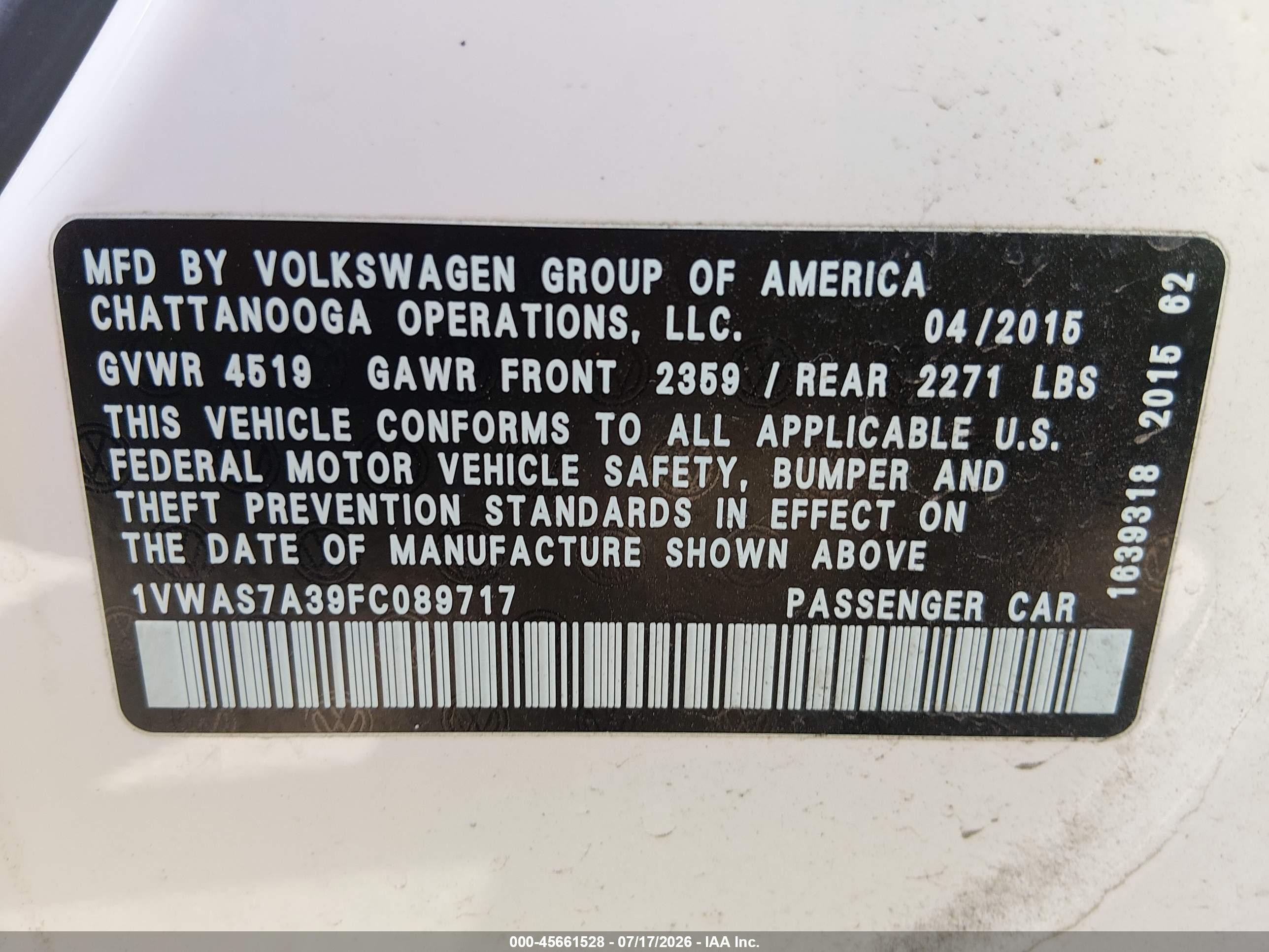2015 Volkswagen Passat 1.8t Limited Edition Белый vin: 1VWAS7A39FC089717
