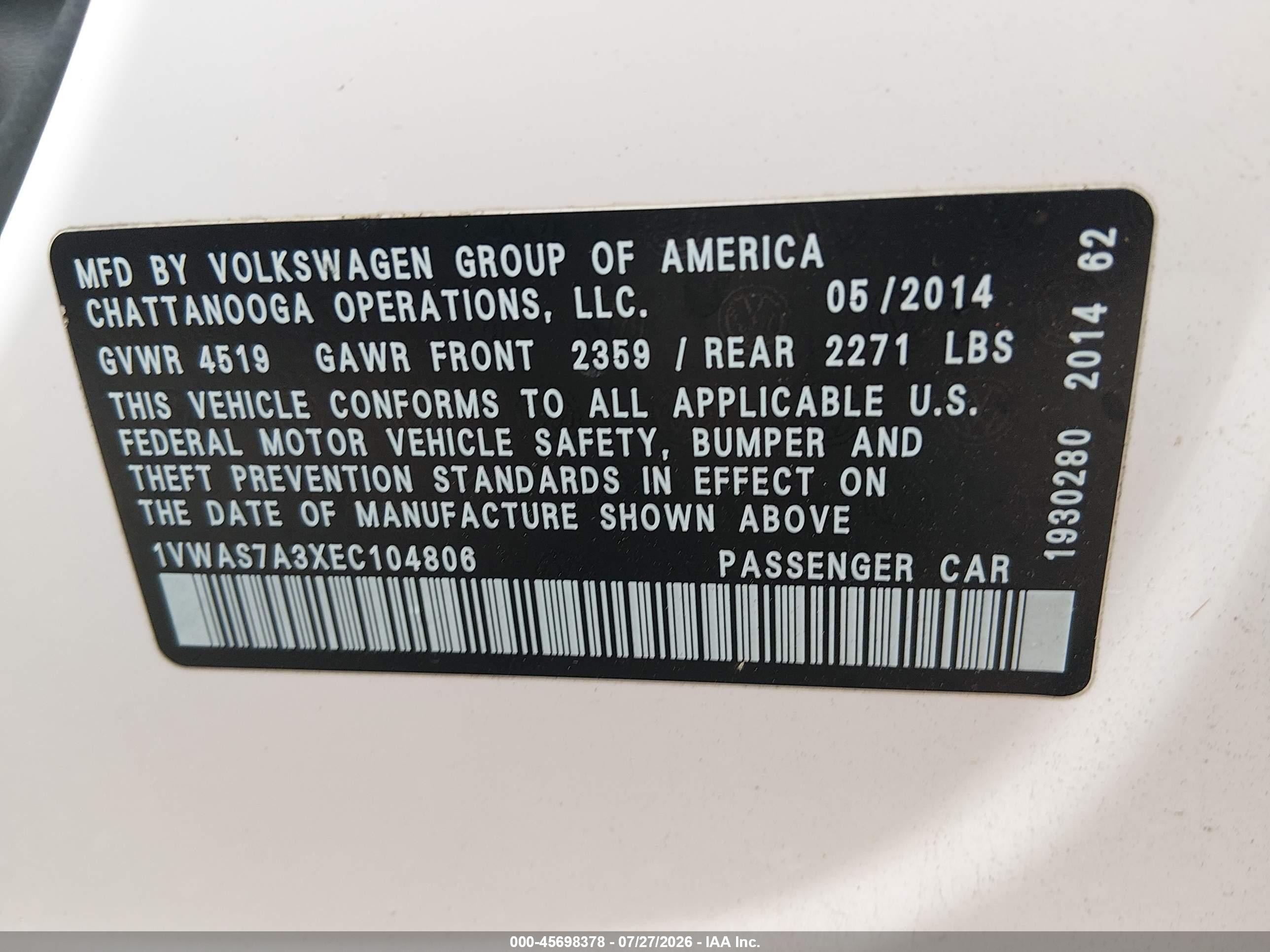 2014 Volkswagen Passat 1.8t Wolfsburg Edition White vin: 1VWAS7A3XEC104806