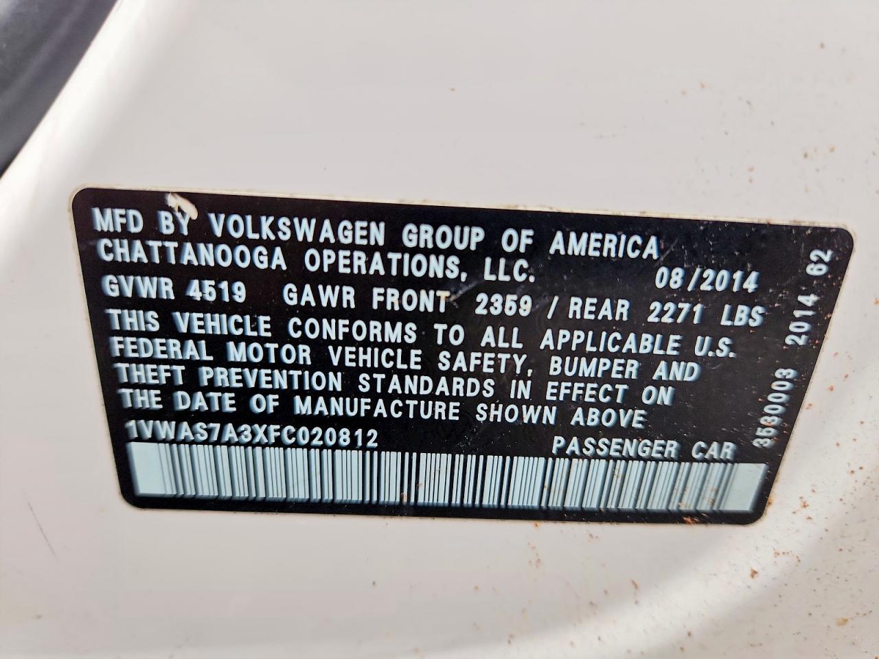 2015 Volkswagen Passat S White vin: 1VWAS7A3XFC020812