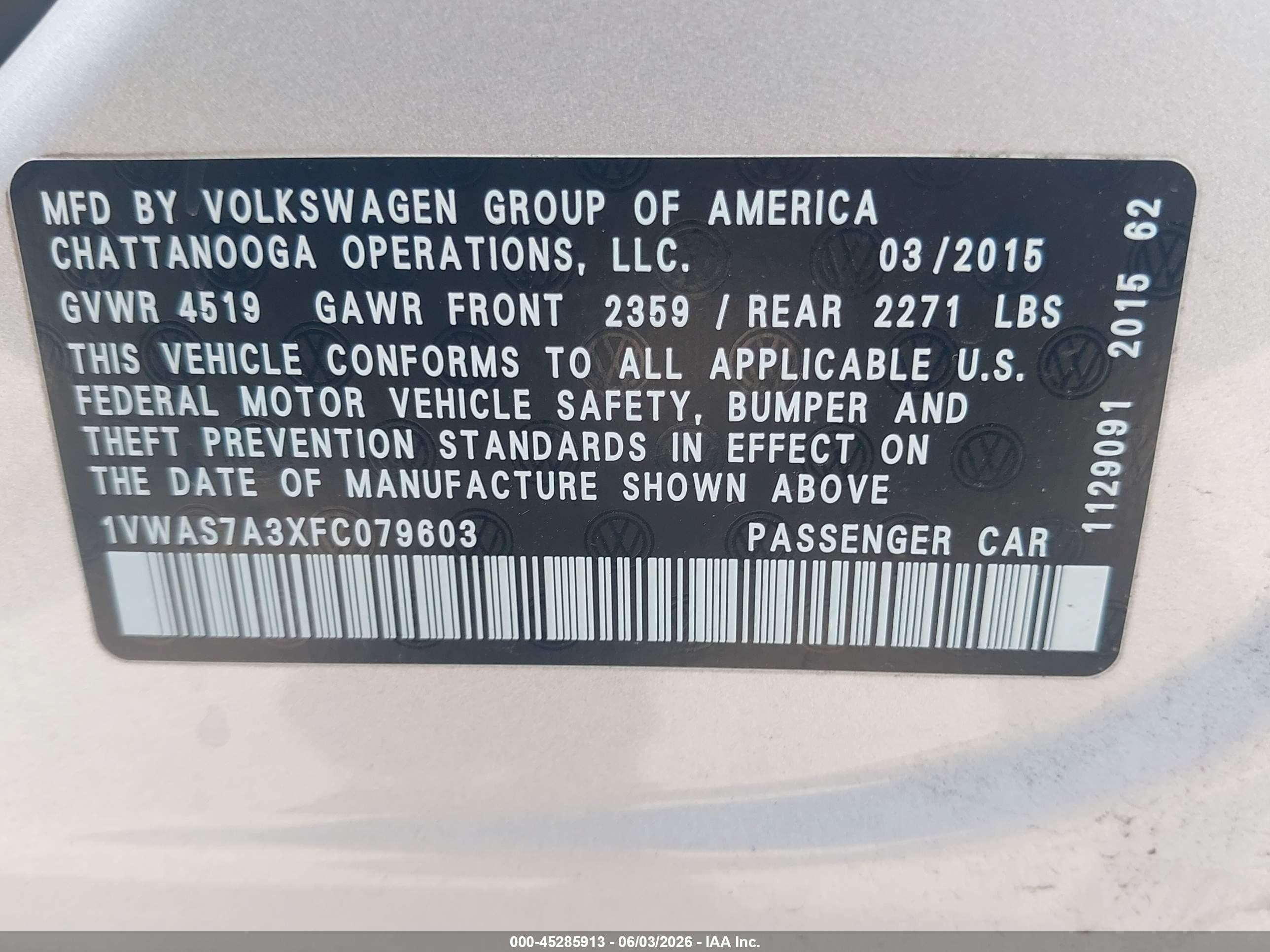2015 Volkswagen Passat 1.8t Limited Edition Silver vin: 1VWAS7A3XFC079603