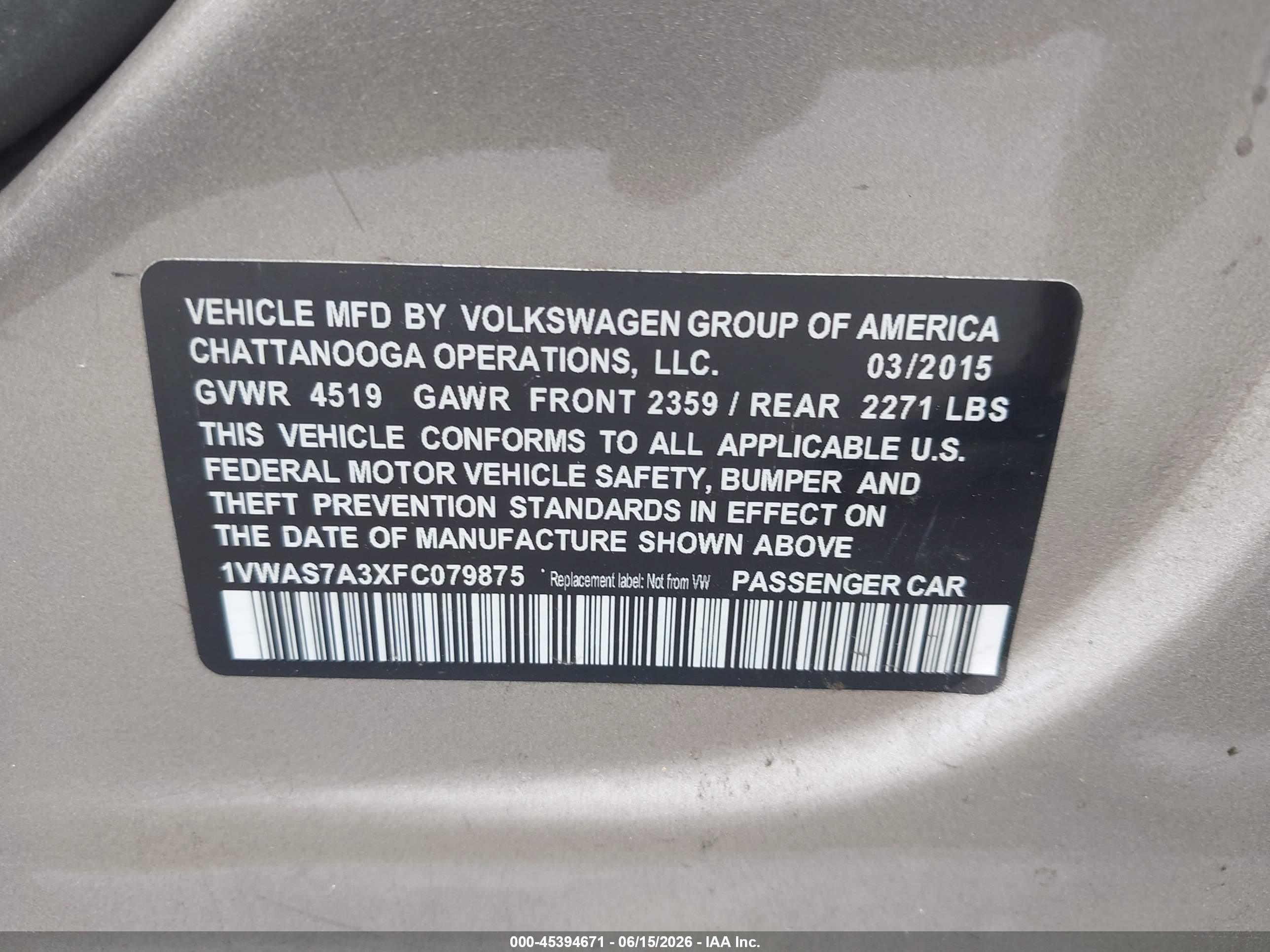 2015 Volkswagen Passat 1.8t Limited Edition Gray vin: 1VWAS7A3XFC079875