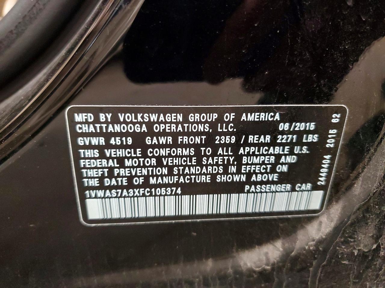 2015 Volkswagen Passat S Black vin: 1VWAS7A3XFC105374