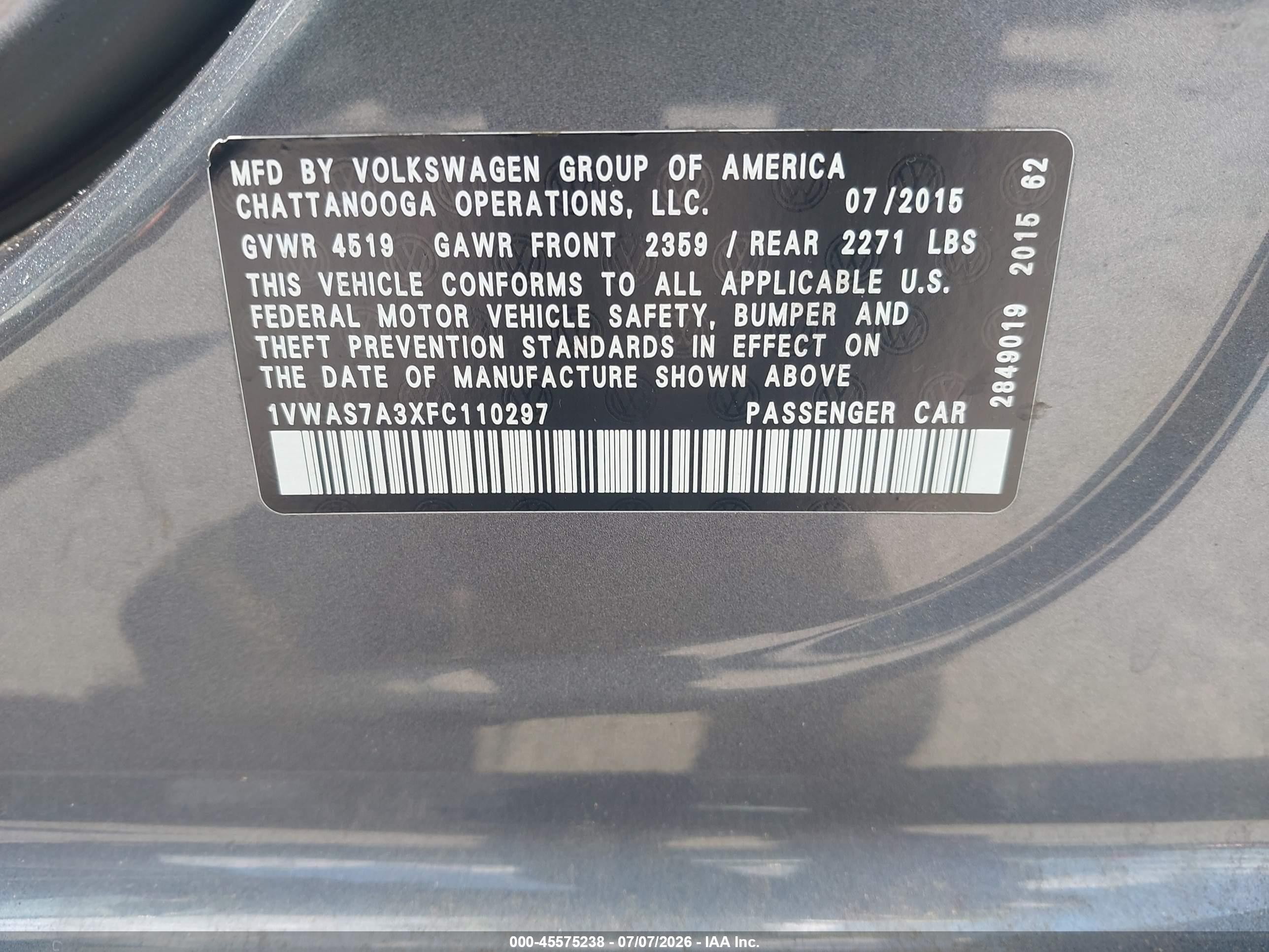 2015 Volkswagen Passat 1.8t Limited Edition Gray vin: 1VWAS7A3XFC110297