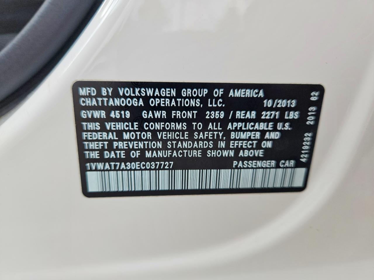 2014 Volkswagen Passat S White vin: 1VWAT7A30EC037727