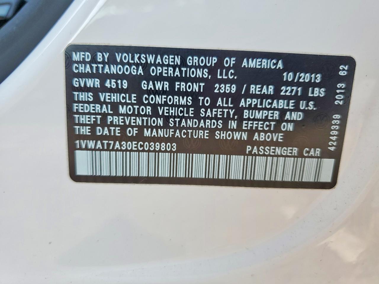 2014 Volkswagen Passat S White vin: 1VWAT7A30EC039803