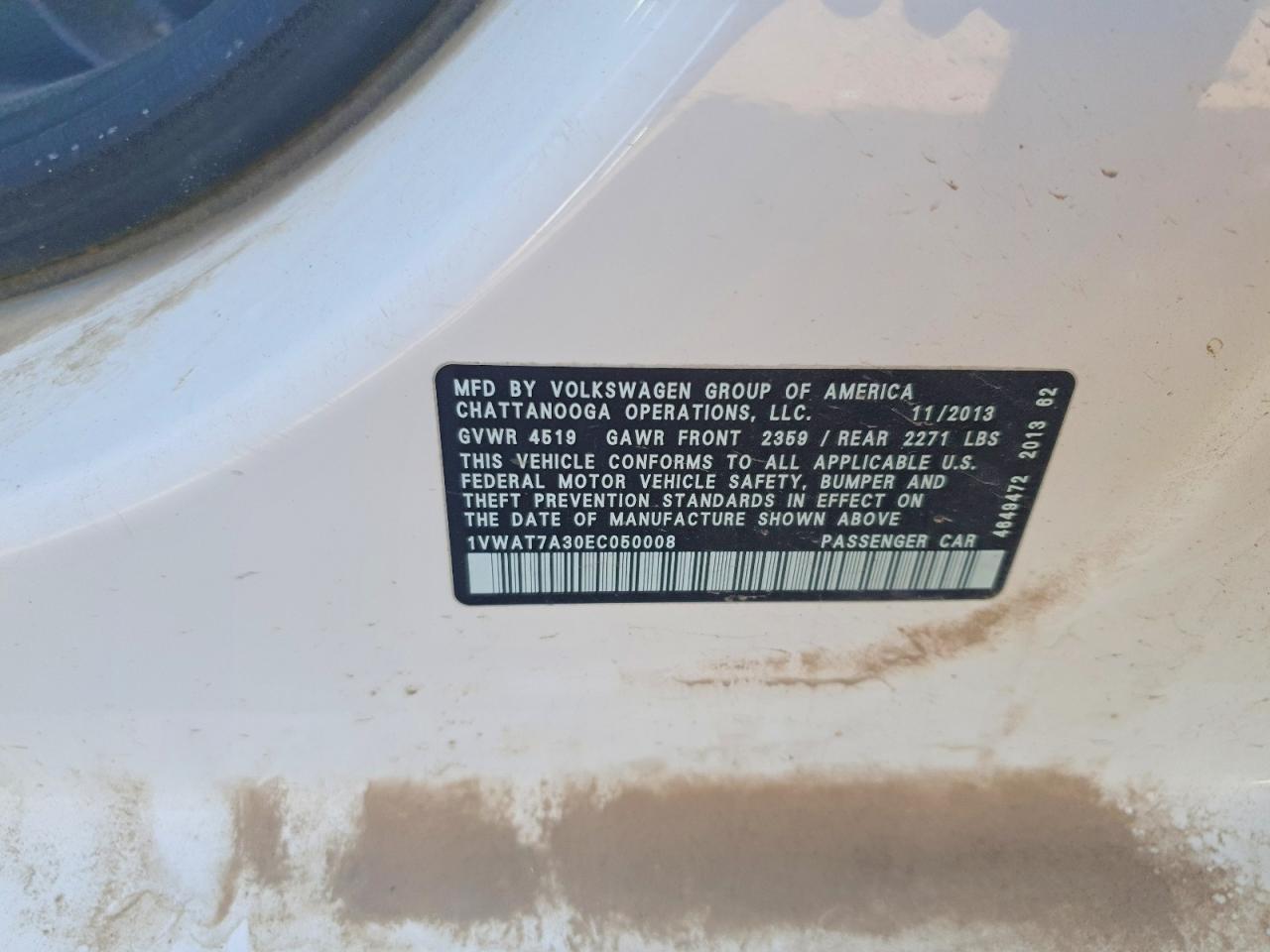 2014 Volkswagen Passat S Белый vin: 1VWAT7A30EC050008