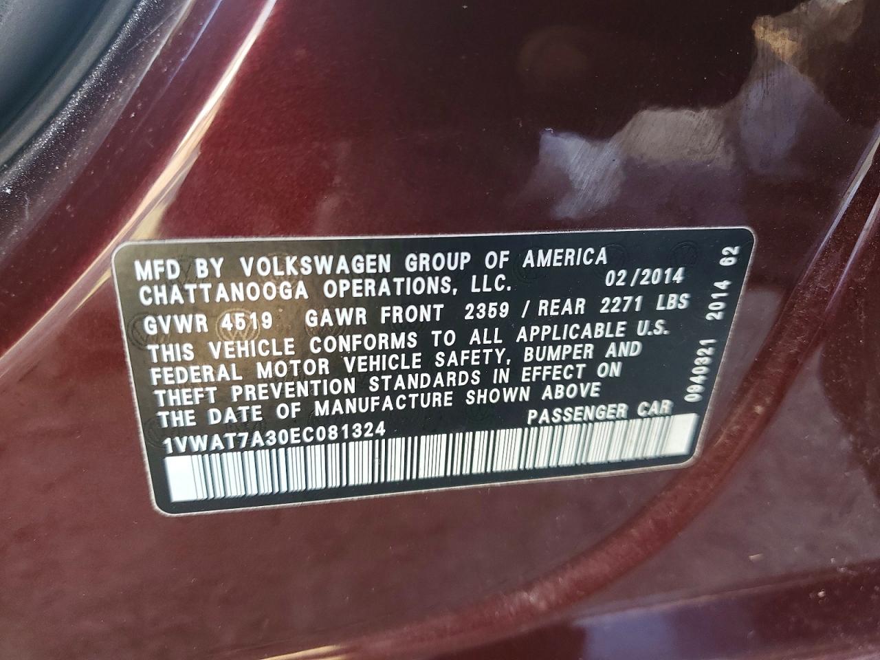 2014 Volkswagen Passat S Maroon vin: 1VWAT7A30EC081324