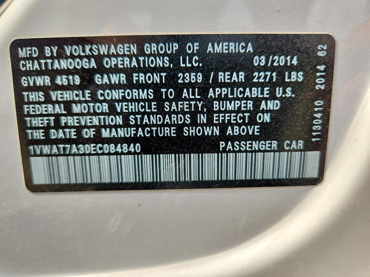 2014 Volkswagen Passat S White vin: 1VWAT7A30EC084840