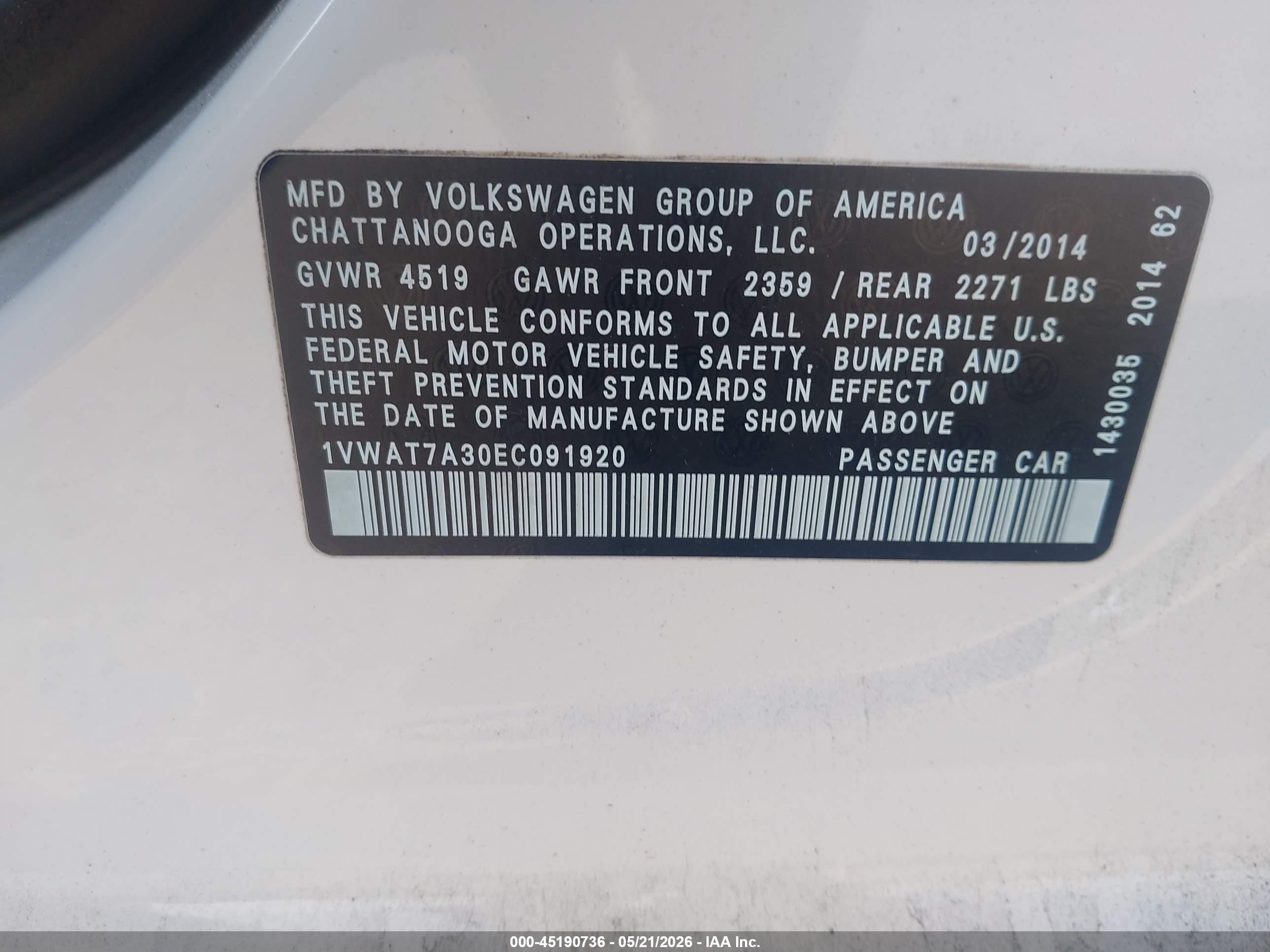 2014 Volkswagen Passat 1.8t Wolfsburg Edition White vin: 1VWAT7A30EC091920
