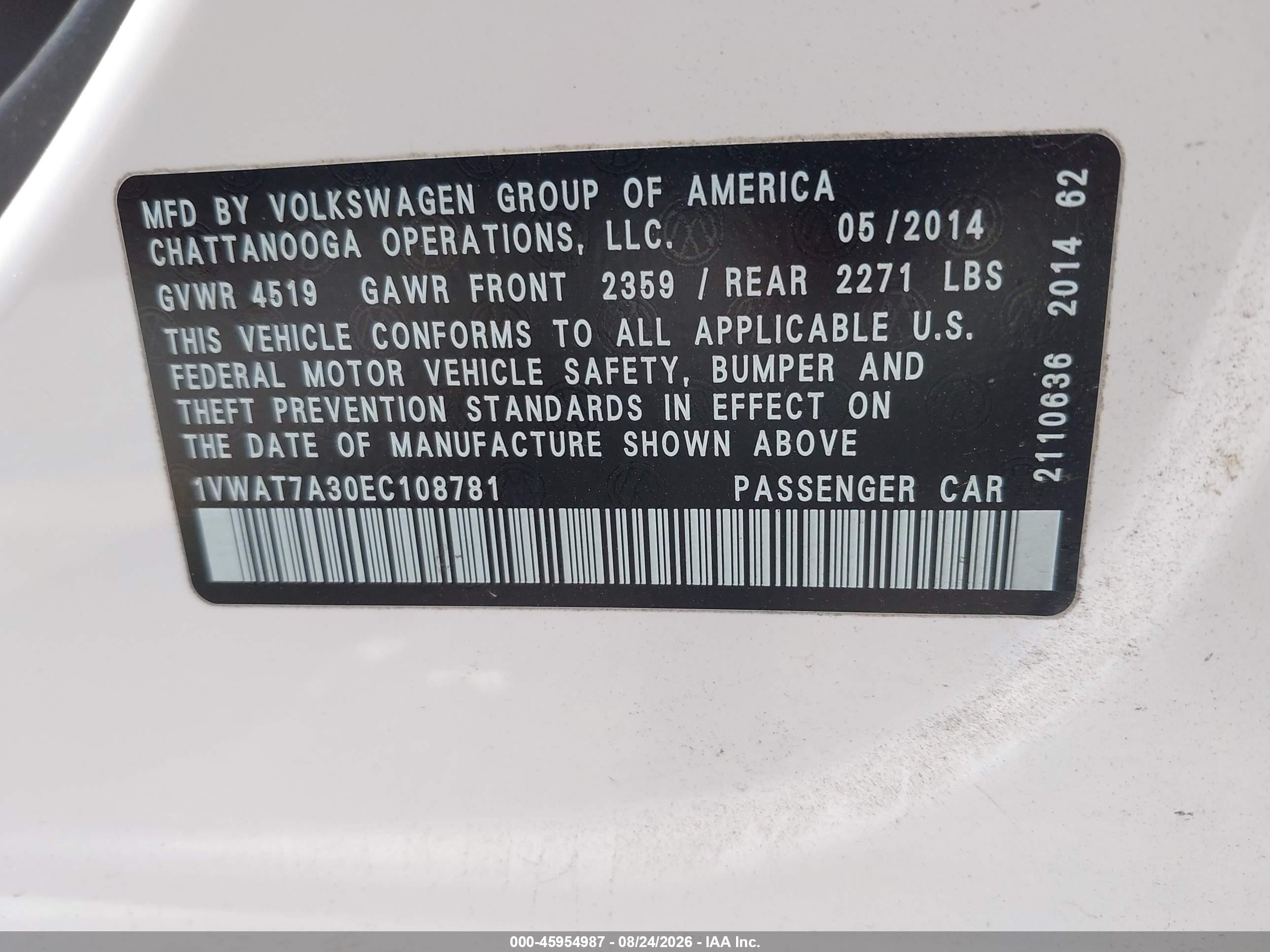2014 Volkswagen Passat 1.8t S White vin: 1VWAT7A30EC108781