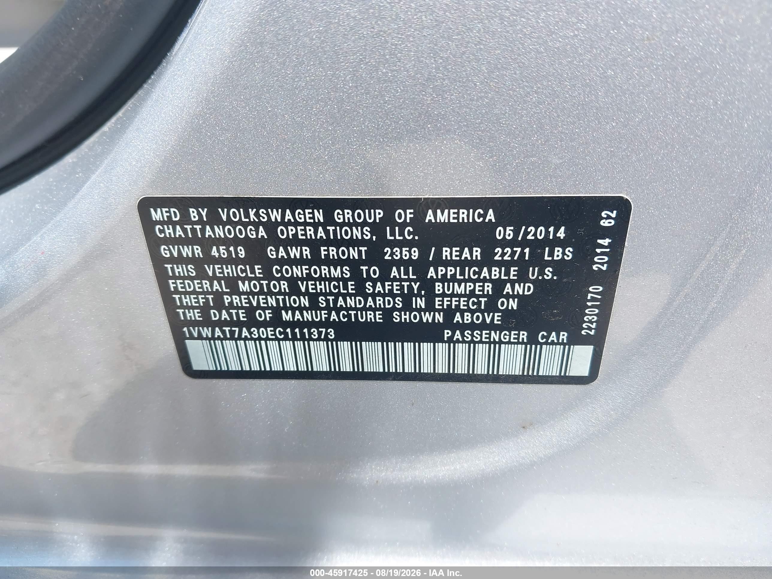 2014 Volkswagen Passat 1.8t S Silver vin: 1VWAT7A30EC111373