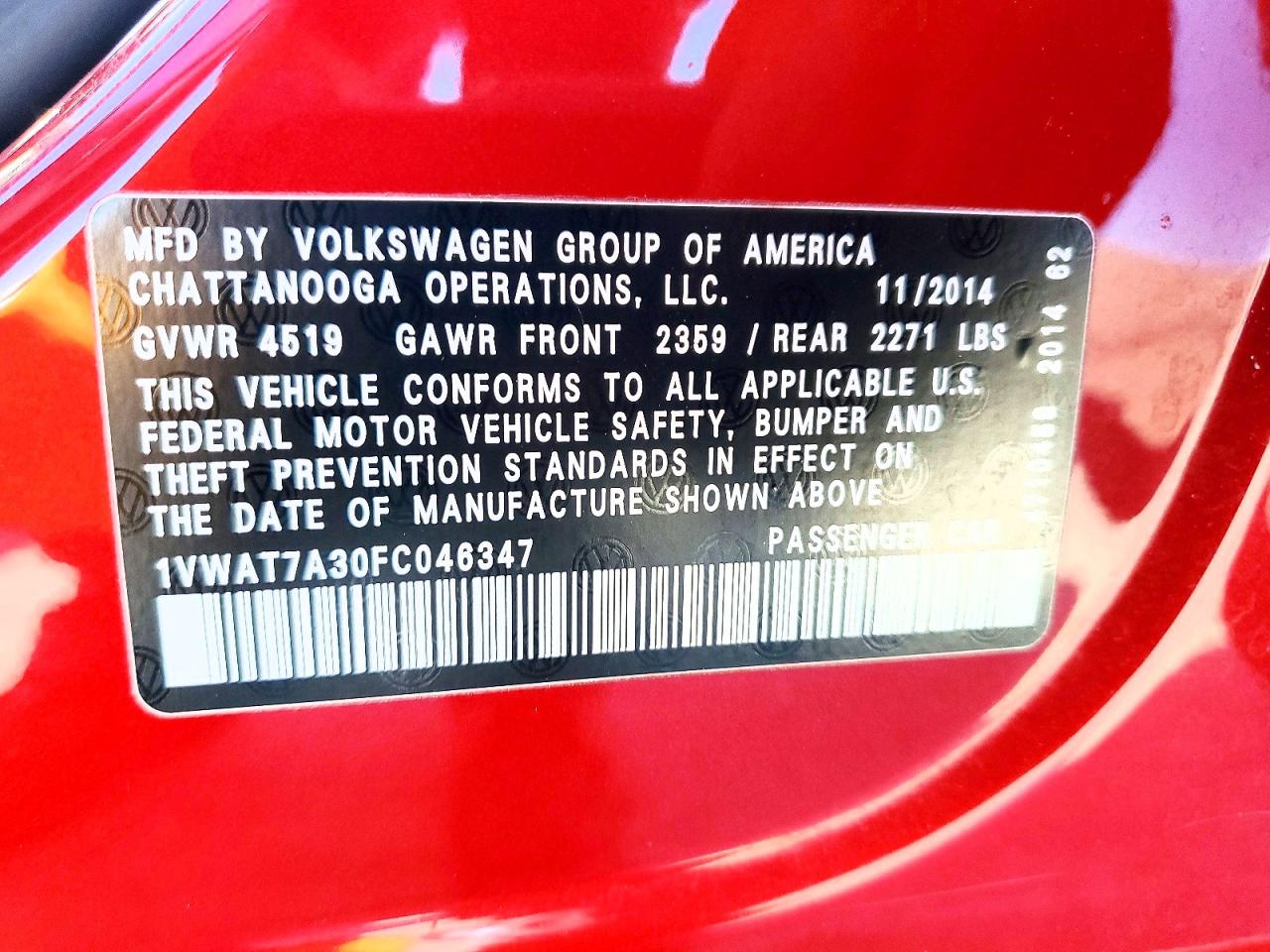 2015 Volkswagen Passat S Red vin: 1VWAT7A30FC046347