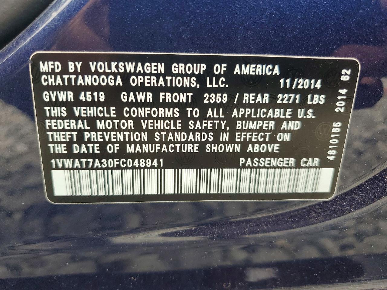 2015 Volkswagen Passat S Blue vin: 1VWAT7A30FC048941