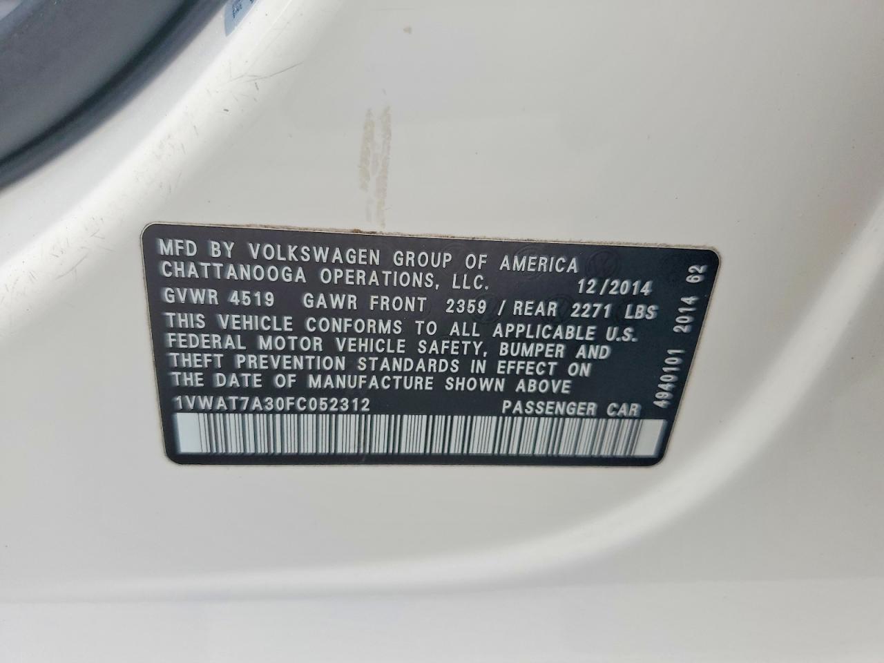2015 Volkswagen Passat S White vin: 1VWAT7A30FC052312