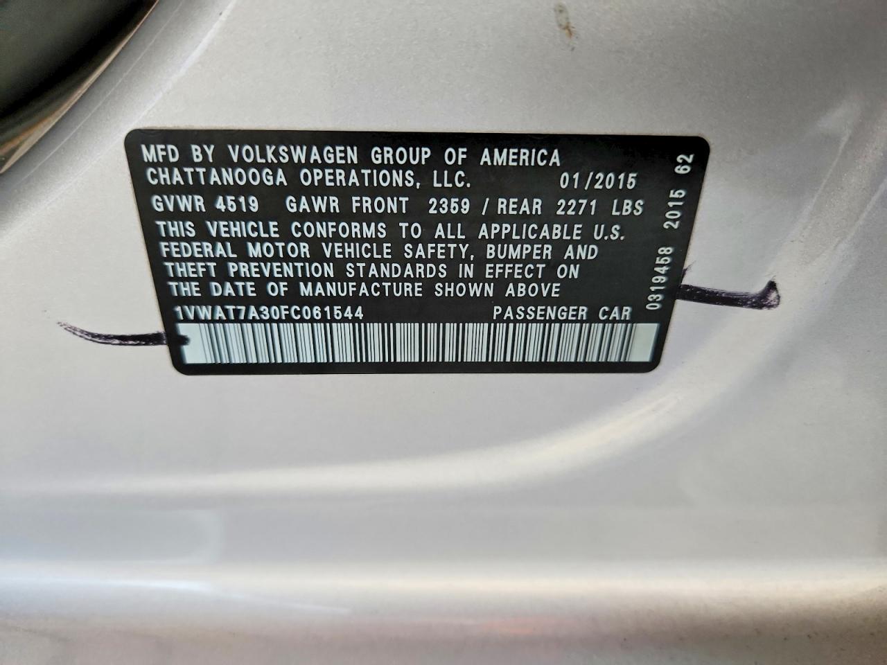 2015 Volkswagen Passat S Silver vin: 1VWAT7A30FC061544