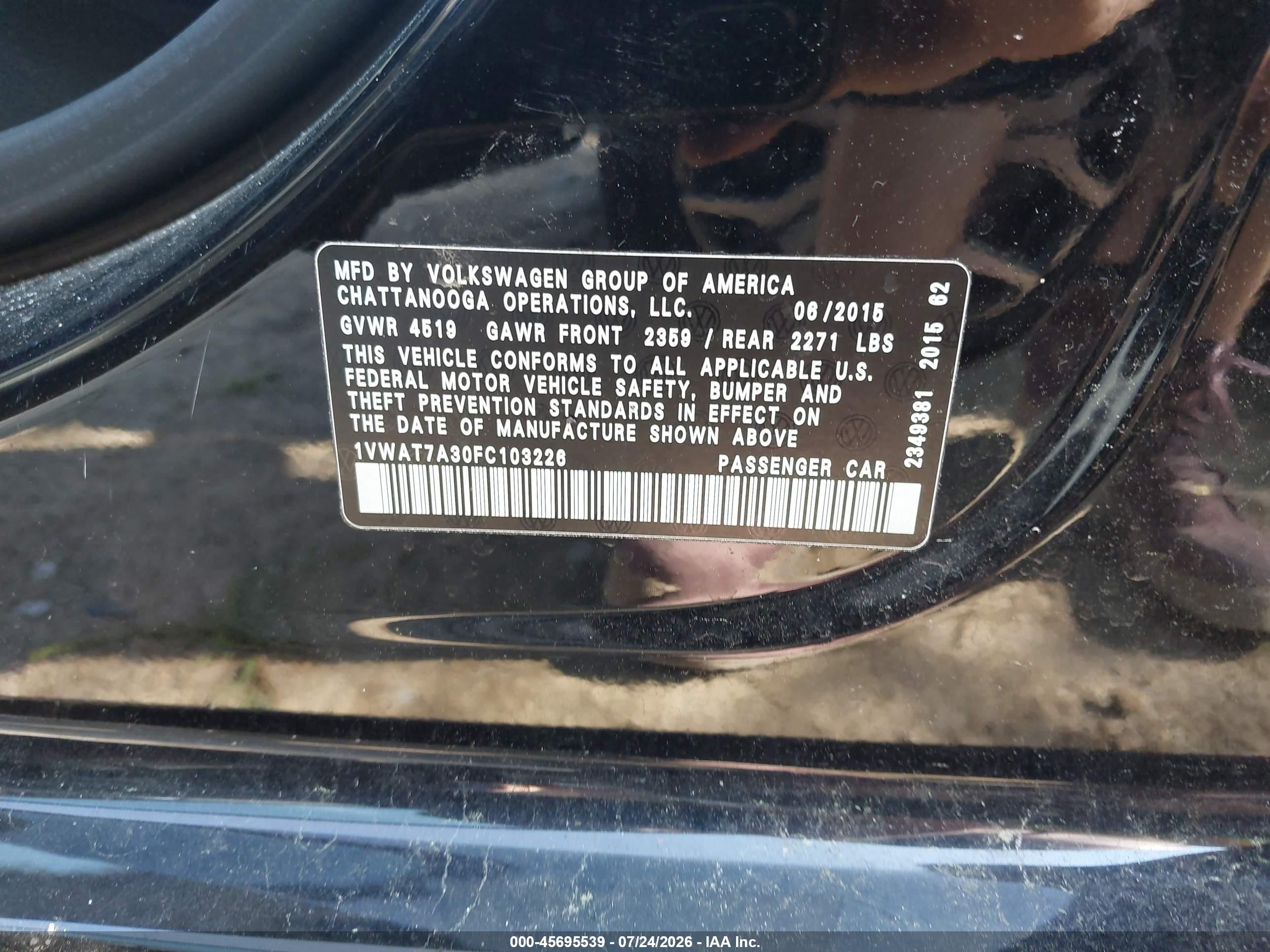 2015 Volkswagen Passat 1.8t S Black vin: 1VWAT7A30FC103226