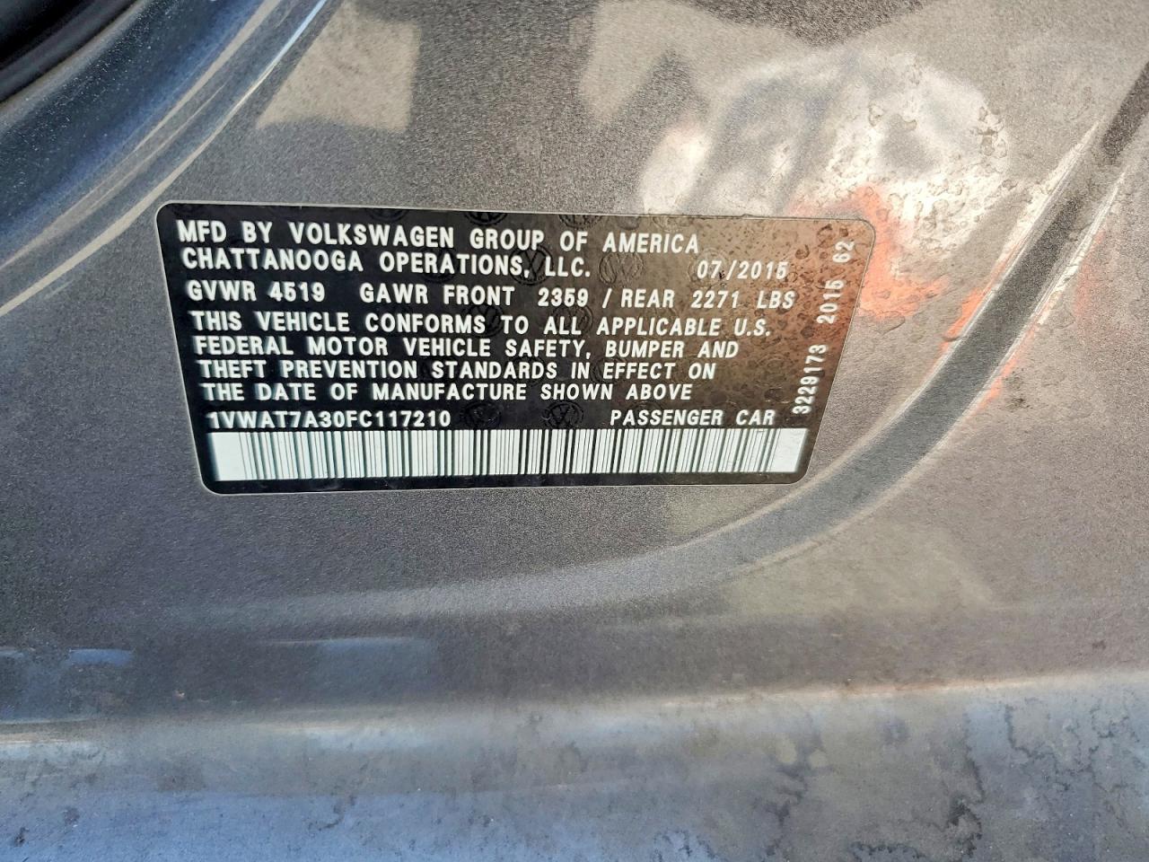 2015 Volkswagen Passat S Charcoal vin: 1VWAT7A30FC117210