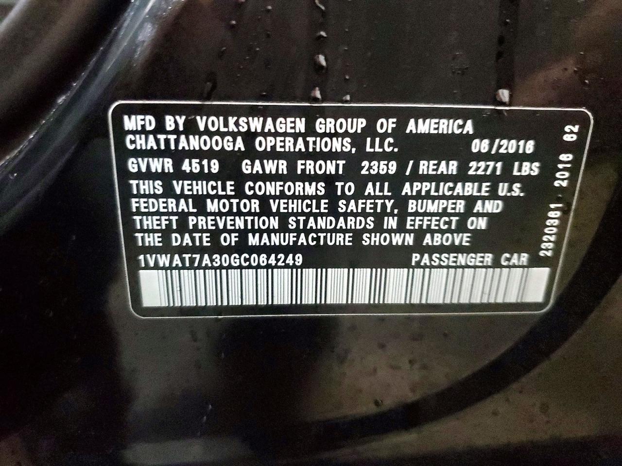 2016 Volkswagen Passat S Black vin: 1VWAT7A30GC064249